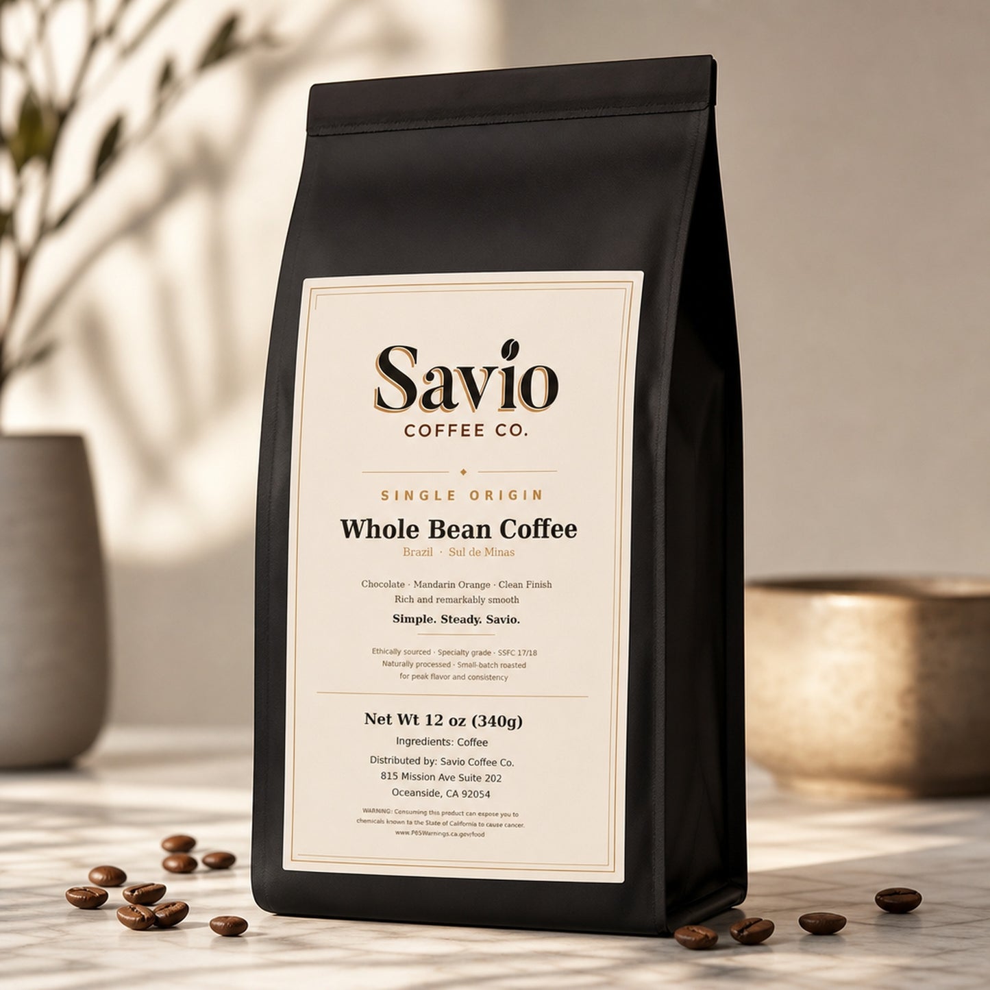 Savio Coffee bag angled view with coffee beans