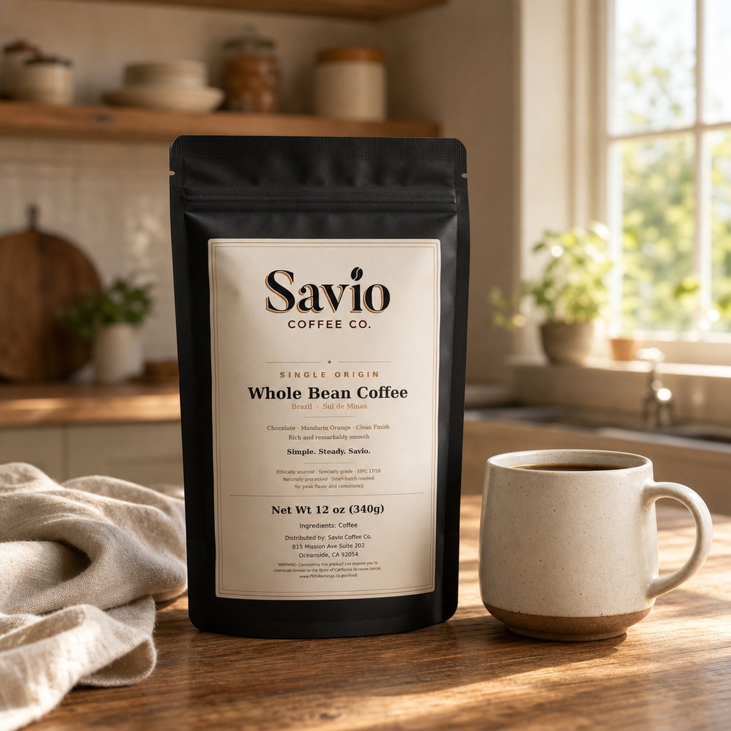 Savio Signature coffee with ceramic mug morning scene