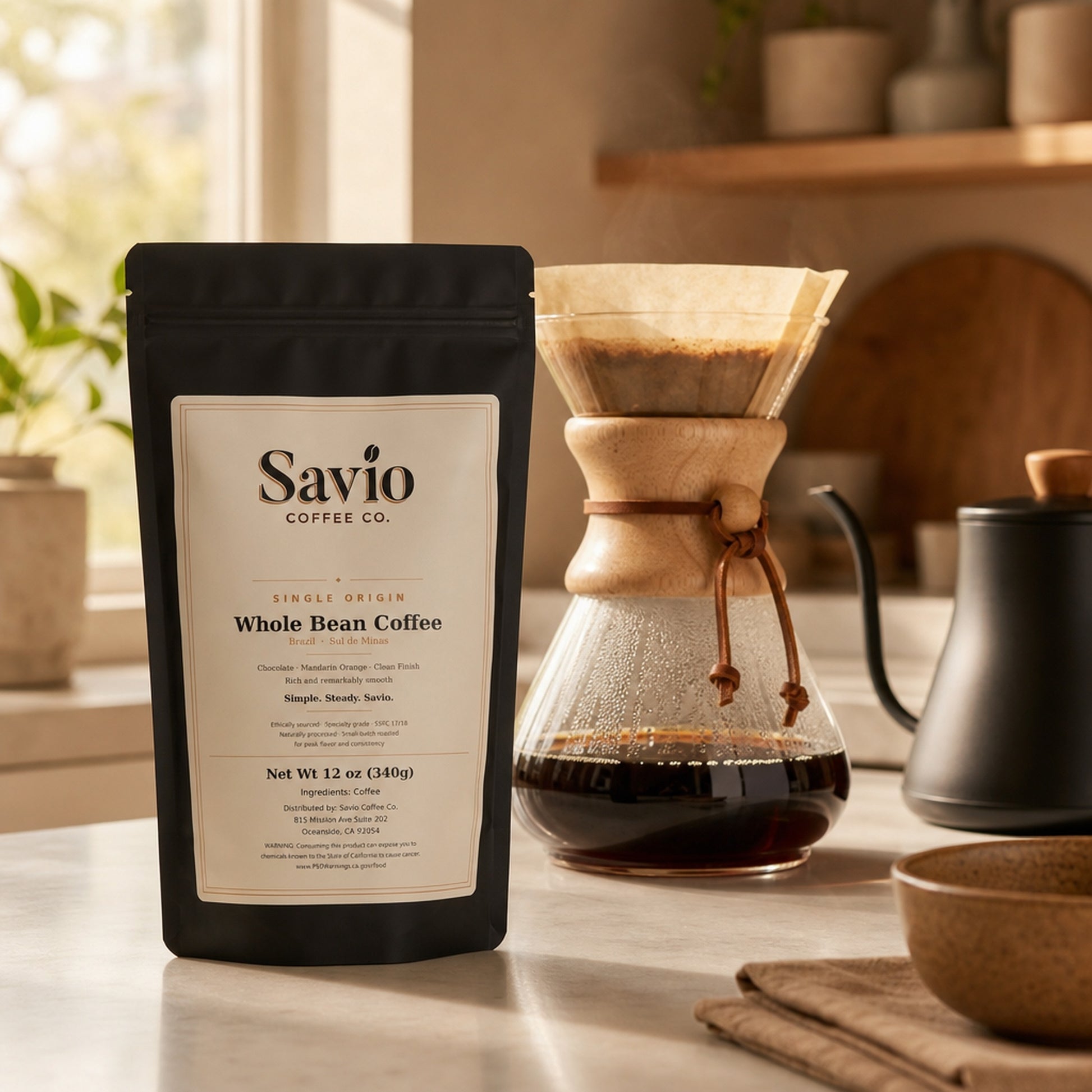 Savio Signature coffee with pour over Chemex setup